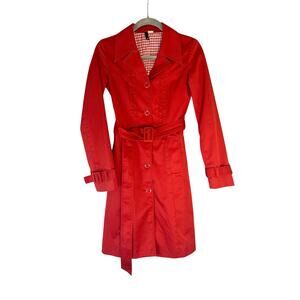 Women’s Long Trench Over Coat Jacket Orange Belted Waist & Cuffs Size 2